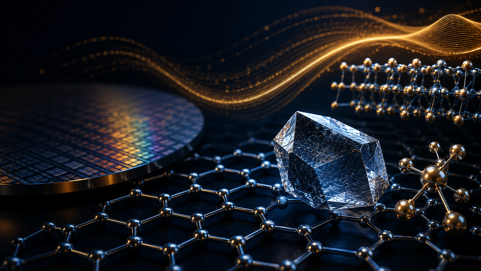 Glowing molecular lattice with a clear crystal cube and gold particles on a dark, futuristic surface