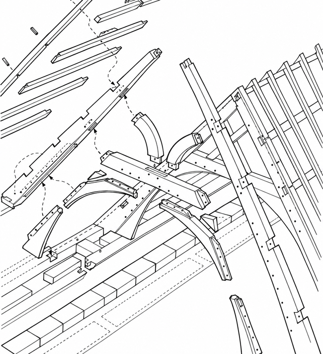 Technical sketch of a shattered bridge or structure with debris and fallen beams lining a roadway