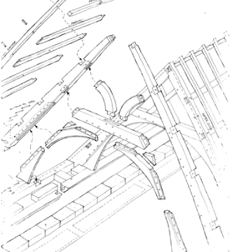 Technical sketch of a shattered bridge or structure with debris and fallen beams lining a roadway