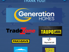 Sponsor logos on blue background, including Generation Homes, TradeZone, Taupo ITM, and Pak’nSave