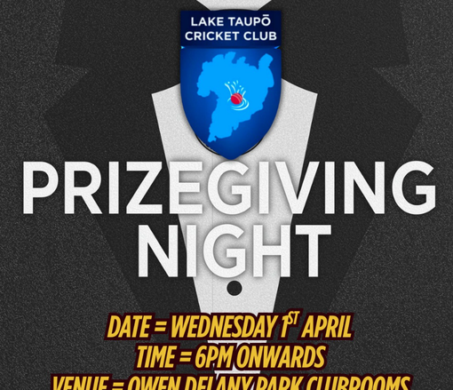 Lake Taupo Cricket Club prizegiving night poster, blue shield logo on dark background, April 1, 6pm onwards