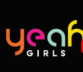 Stylized colorful “yeah girls” logo on a black background
