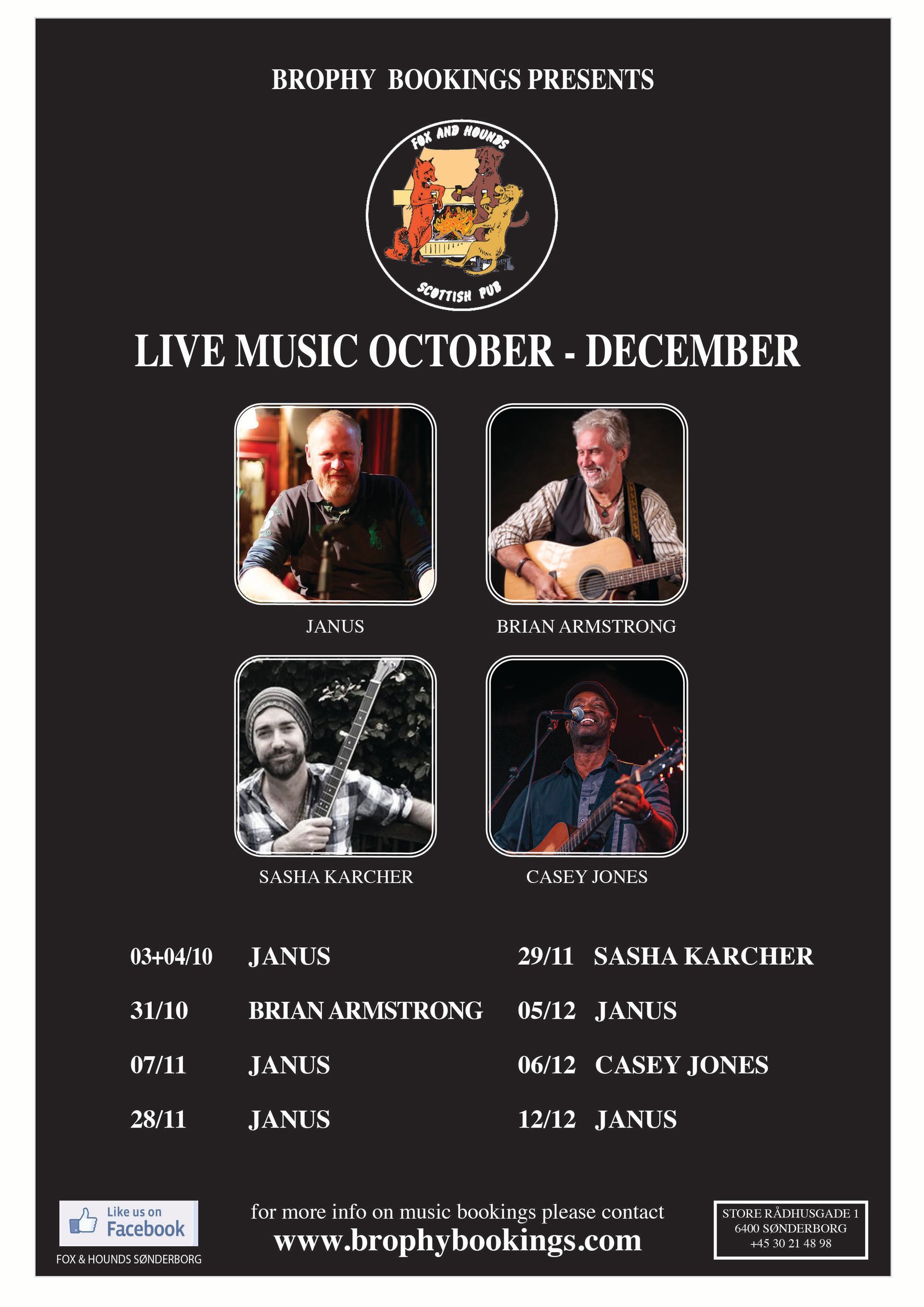 Poster: Live music from October-December. Features four musicians, with dates and times listed below.