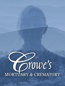 Crowe's Mortuary & Crematory logo over a blue memorial silhouette and mountain background