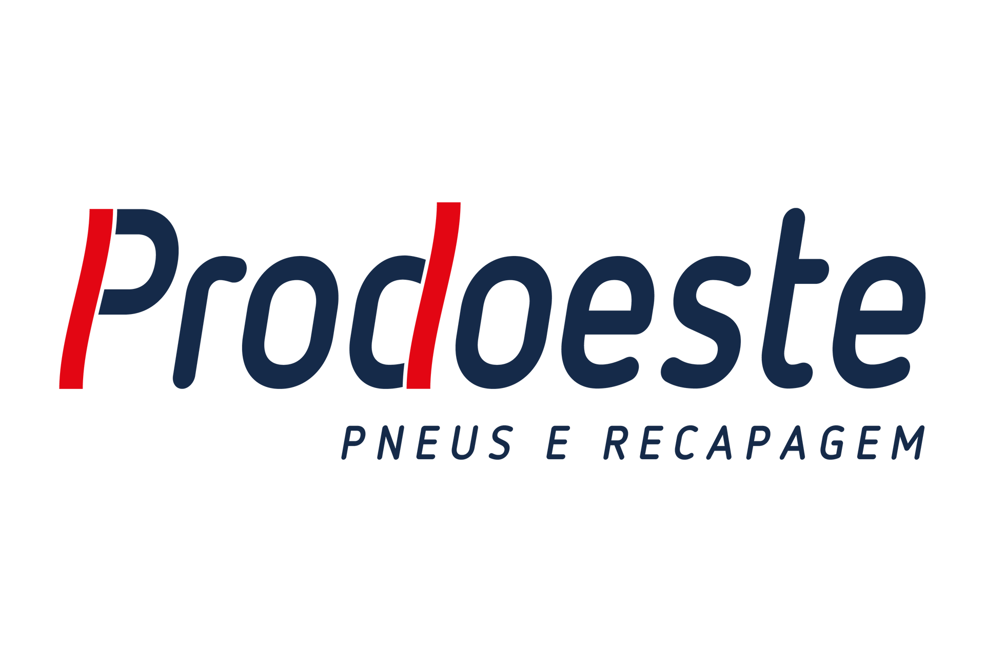 Logotipo da Prodoeste com texto cinza e vermelho, além do subtítulo “PNEUS E RECAPAGEM” abaixo.