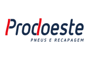 Logotipo da Prodoeste com texto cinza e vermelho, além do subtítulo “PNEUS E RECAPAGEM” abaixo.
