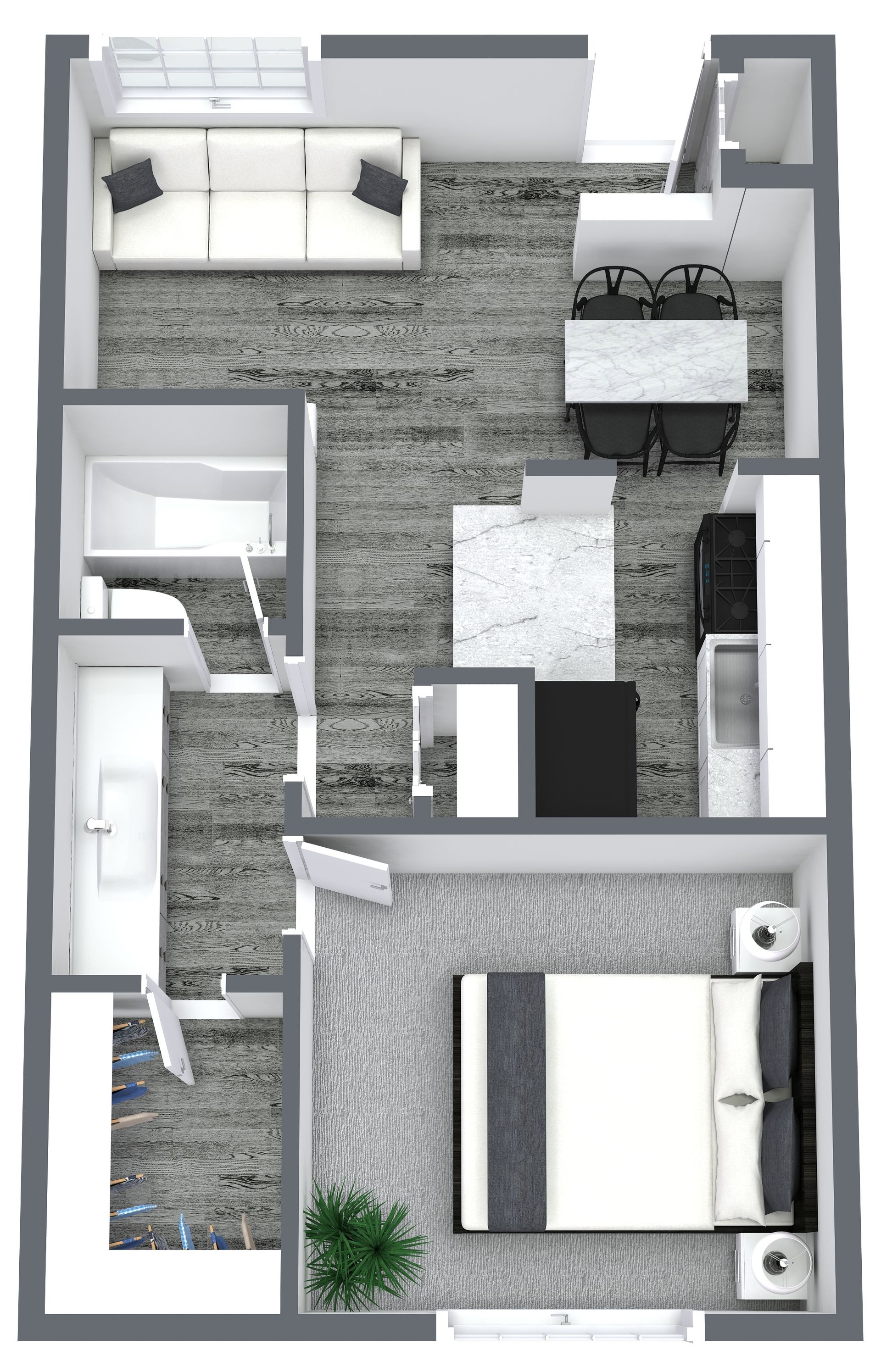 Floor plan of a modern apartment with a bedroom, bathroom, and living/dining area.
