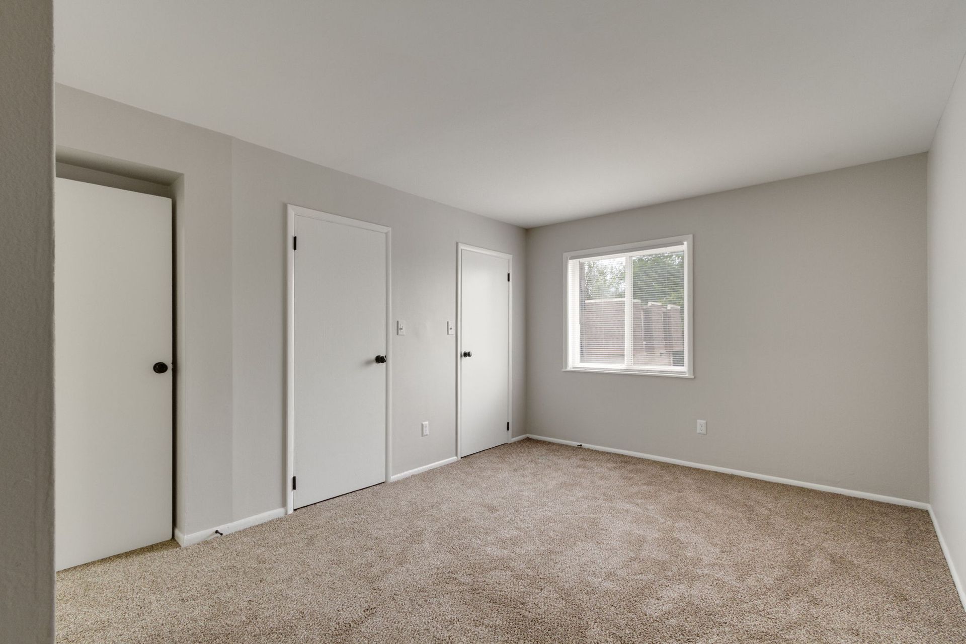 Empty bedroom with gray walls, light brown carpet, three white doors, and a window.