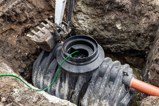 Worker installing a black underground pipe in a muddy trench with orange and green hoses attached