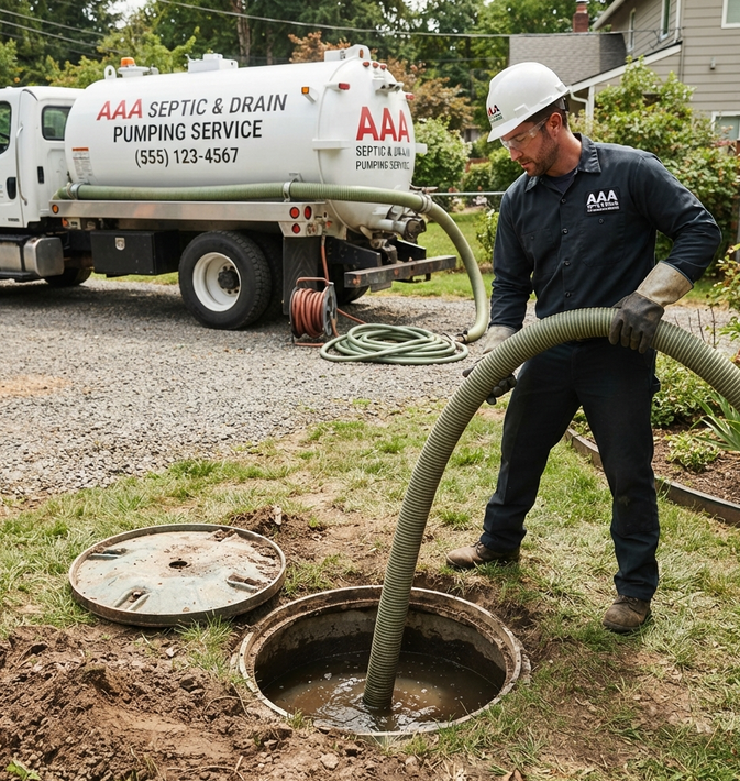 Worker with hose pumping water from a manhole into a tank truck in a yard