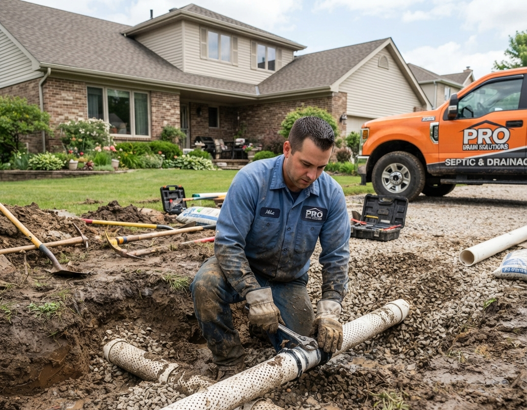 Worker repairing muddy underground pipes in a suburban front yard beside a house and utility truck