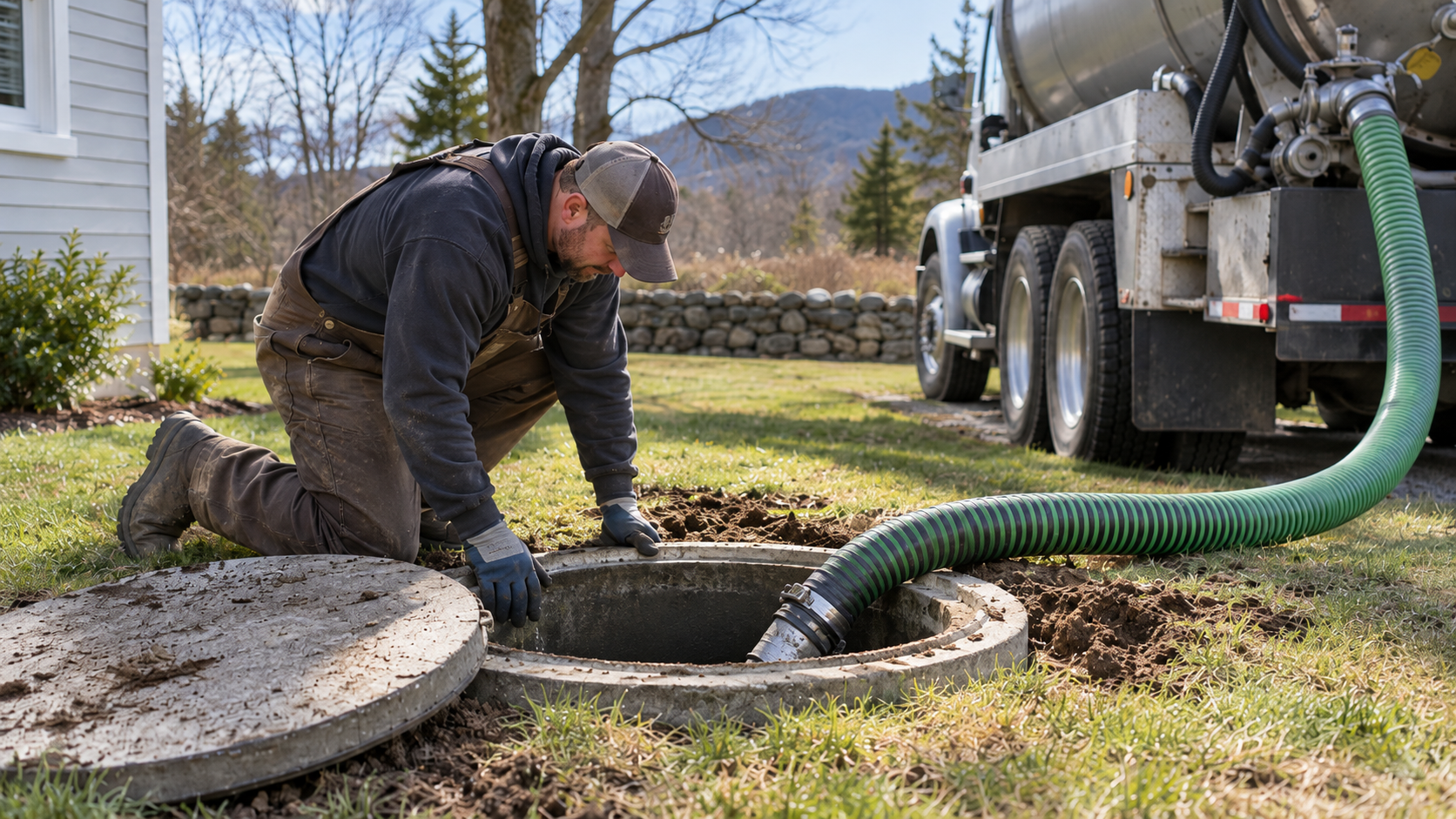 Septic service technician working at an open septic tank in Western Massachusetts