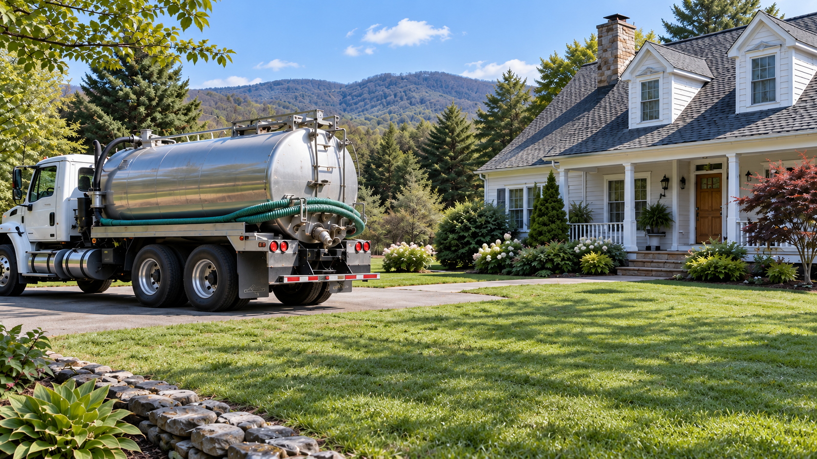 Septic pumping truck parked at a New England home in Western Massachusetts