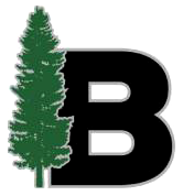 Green fir tree next to a black letter 