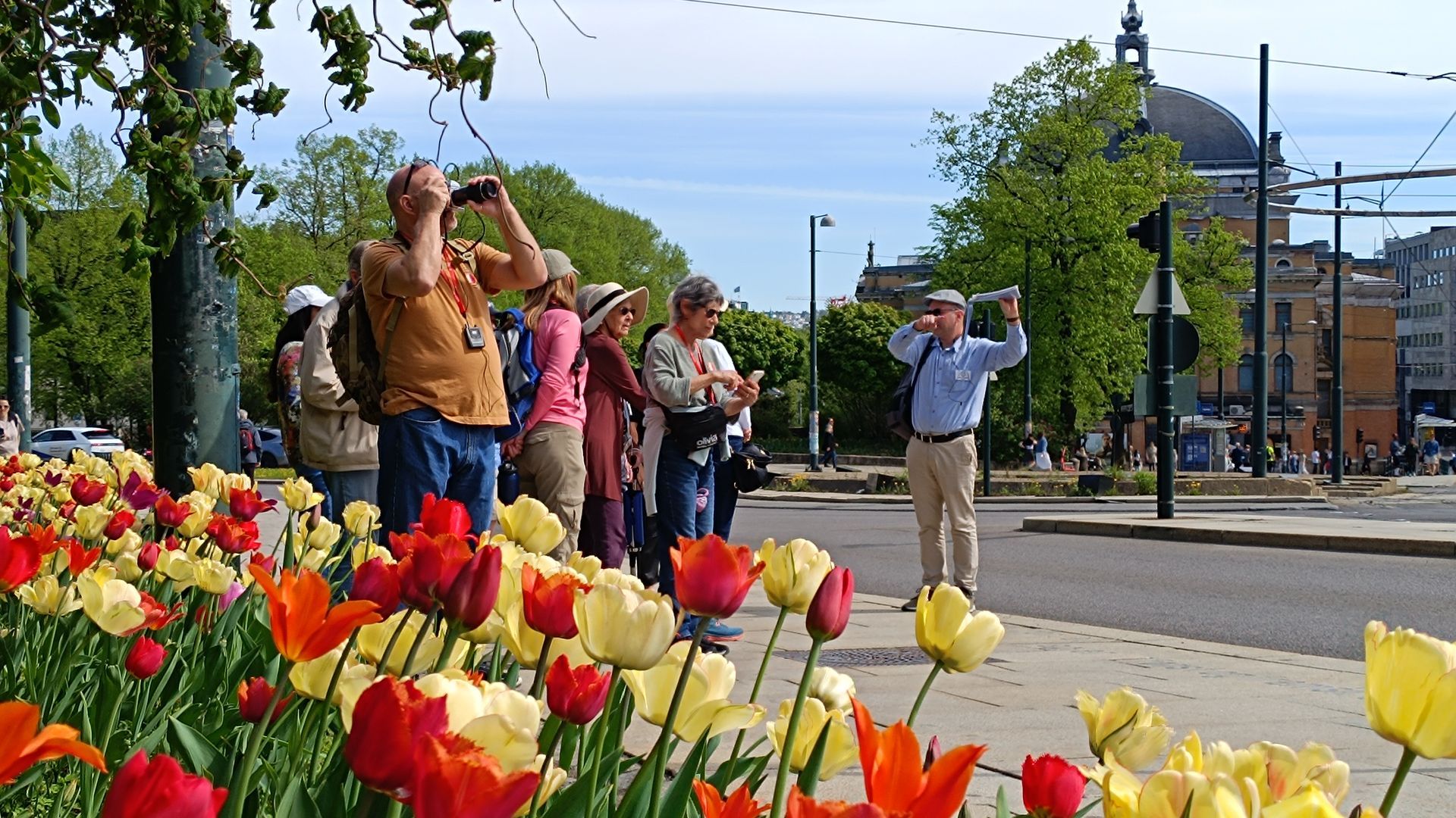 An Oslo guide is showing a picture from guide`s files in front of the small group in a sunny day