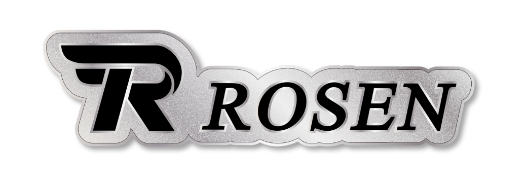 Logotipo ROSEN com monograma TR estilizado em preto e cinza.