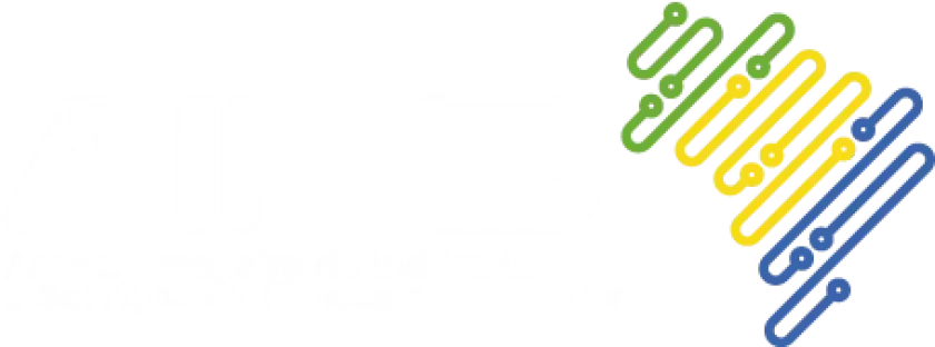 Logotipo abstrato com linhas conectadas nas cores verde, amarela e azul sobre um fundo branco.