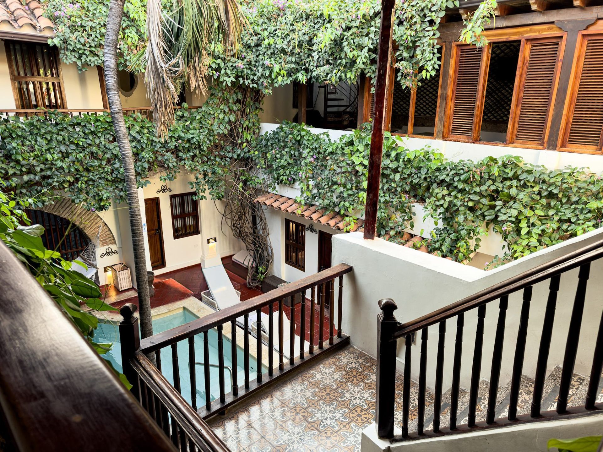 Pool seen from the balcony at Casa Bugó colonial hotel, Cartagena