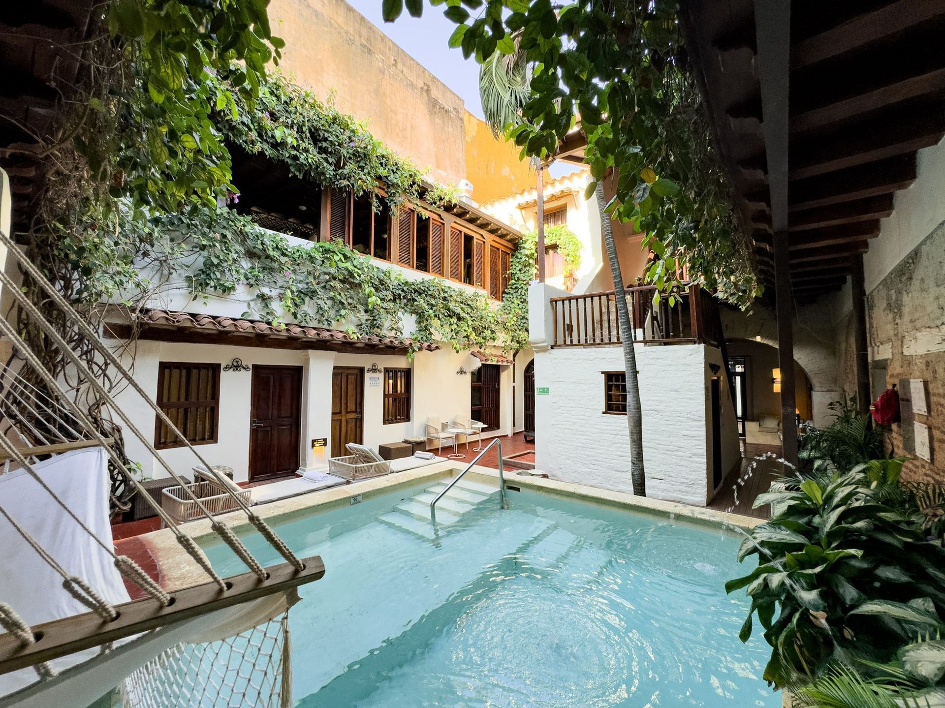 Pool steps in the courtyard of Casa Bugó, Cartagena