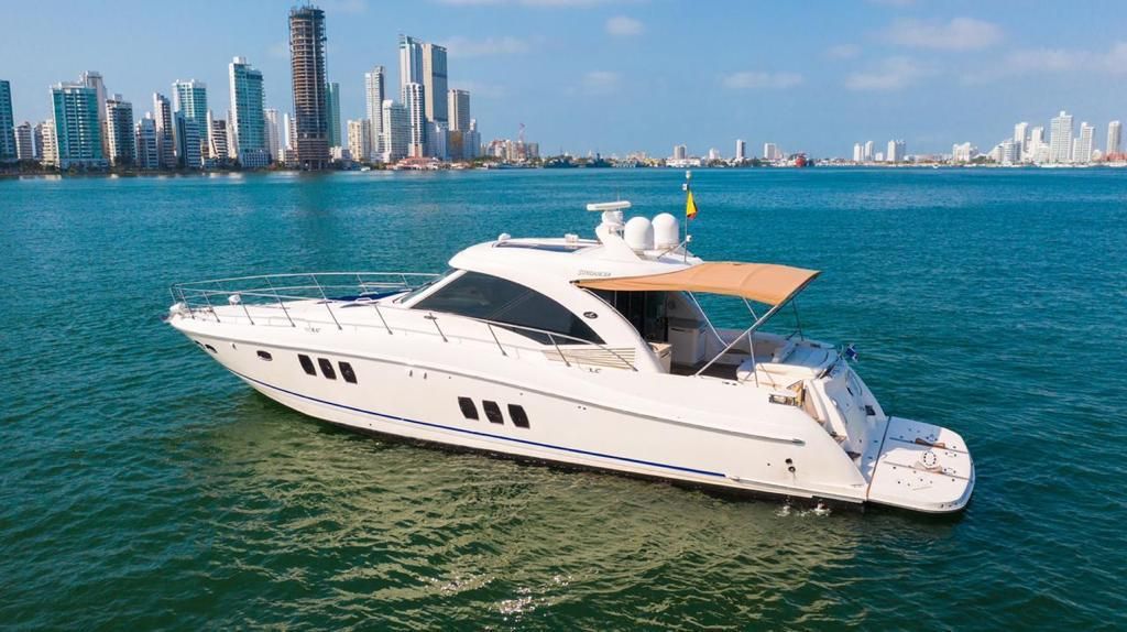 A white yacht is floating on top of a body of water with a city skyline in the background.