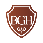 Brown shield logo with white border and 