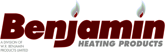 Logo de Benjamin Heating Products. Le mot « Benjamin » en bordeaux, orné de deux flammes. « Heating Products » en gris.