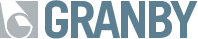 Logo de Granby. Le texte est bleu-gris, avec un motif composé d'un cercle blanc et de lignes grises obliques.