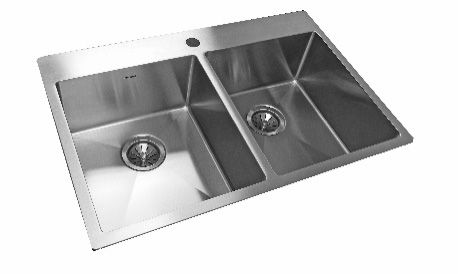 Évier de cuisine double en acier inoxydable avec deux bacs et un trou pour robinet.