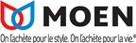 Logo Moen : Des formes en forme de larme rouges et bleues se superposent. Le mot « MOEN » est inscrit en noir, et le slogan est en français.
