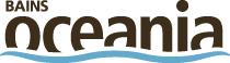 Logo pour « Bains Oceania » avec texte marron et vagues bleues en bas.