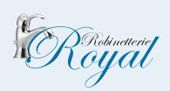 Logo : Robinet chromé avec l'inscription « Robinetterie Royal » en caractères bleus cursifs sur fond bleu clair.