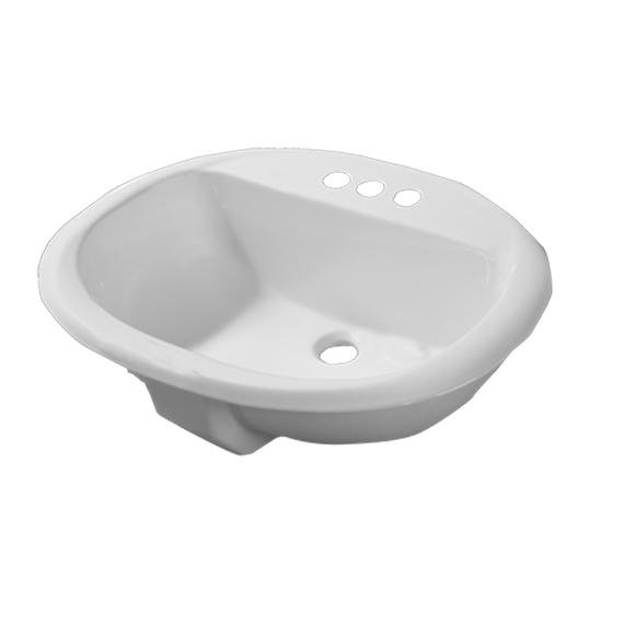 Lavabo de salle de bain blanc avec trois trous de robinetterie et une bonde.