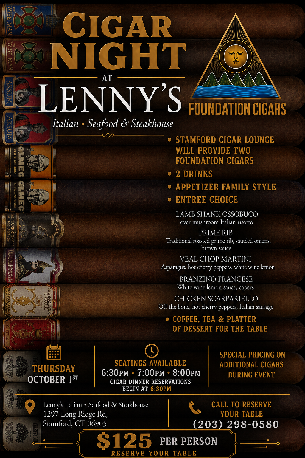 Cigar Night at Lenny’s event flyer with cigar boxes, gold text, and event details on a dark background