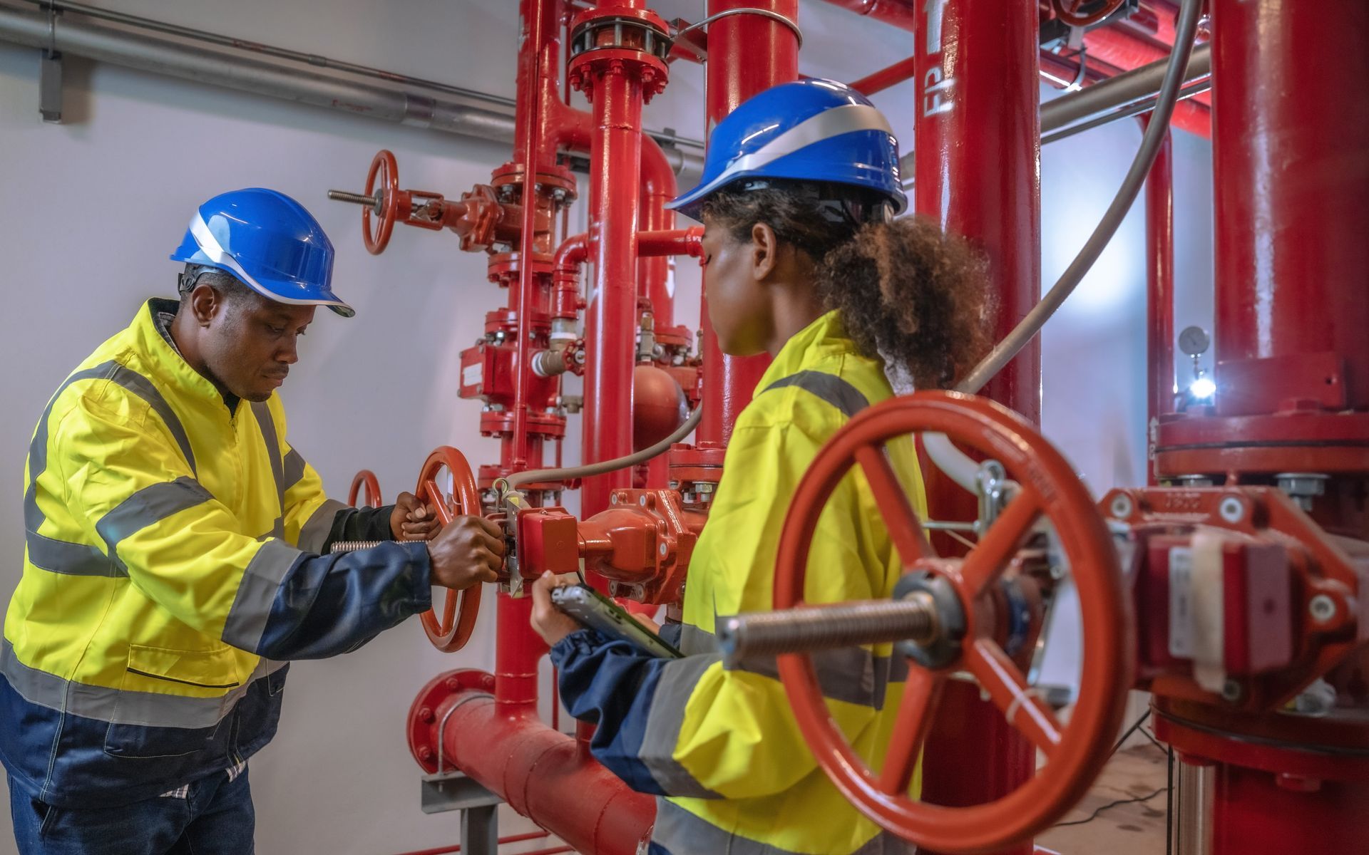 Two workers in safety gear adjusting red valves in a pipe system. Two workers in safety gear adjusting red valves in a pipe system.