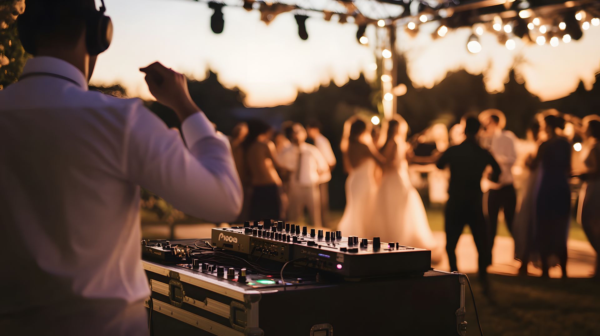 DJ setup at an outdoor evening party, with guests dancing under string lights at sunset