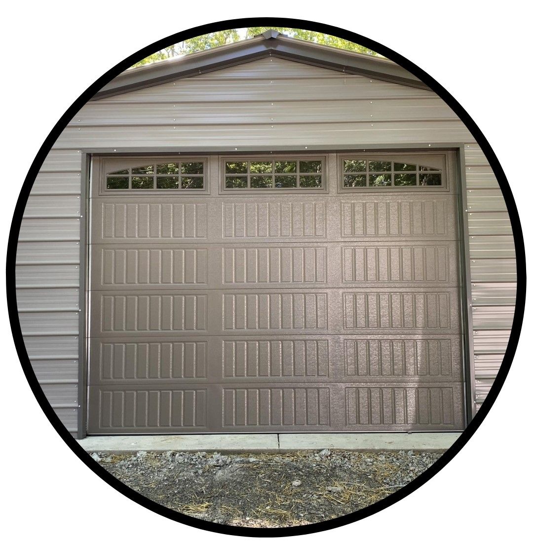 A picture of a garage door in a circle.