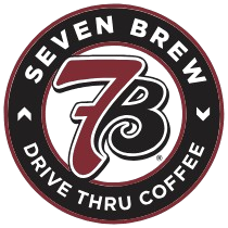 Seven Brew Drive Thru Coffee logo: Black and red circular design with