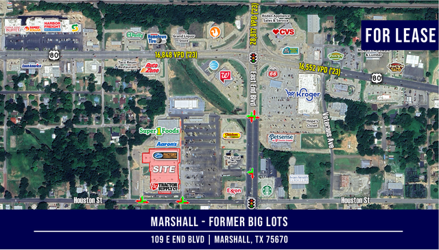 Aerial view of Marshall, TX, showing businesses for lease, including a former Big Lots store at 116 E. Fannin Blvd.