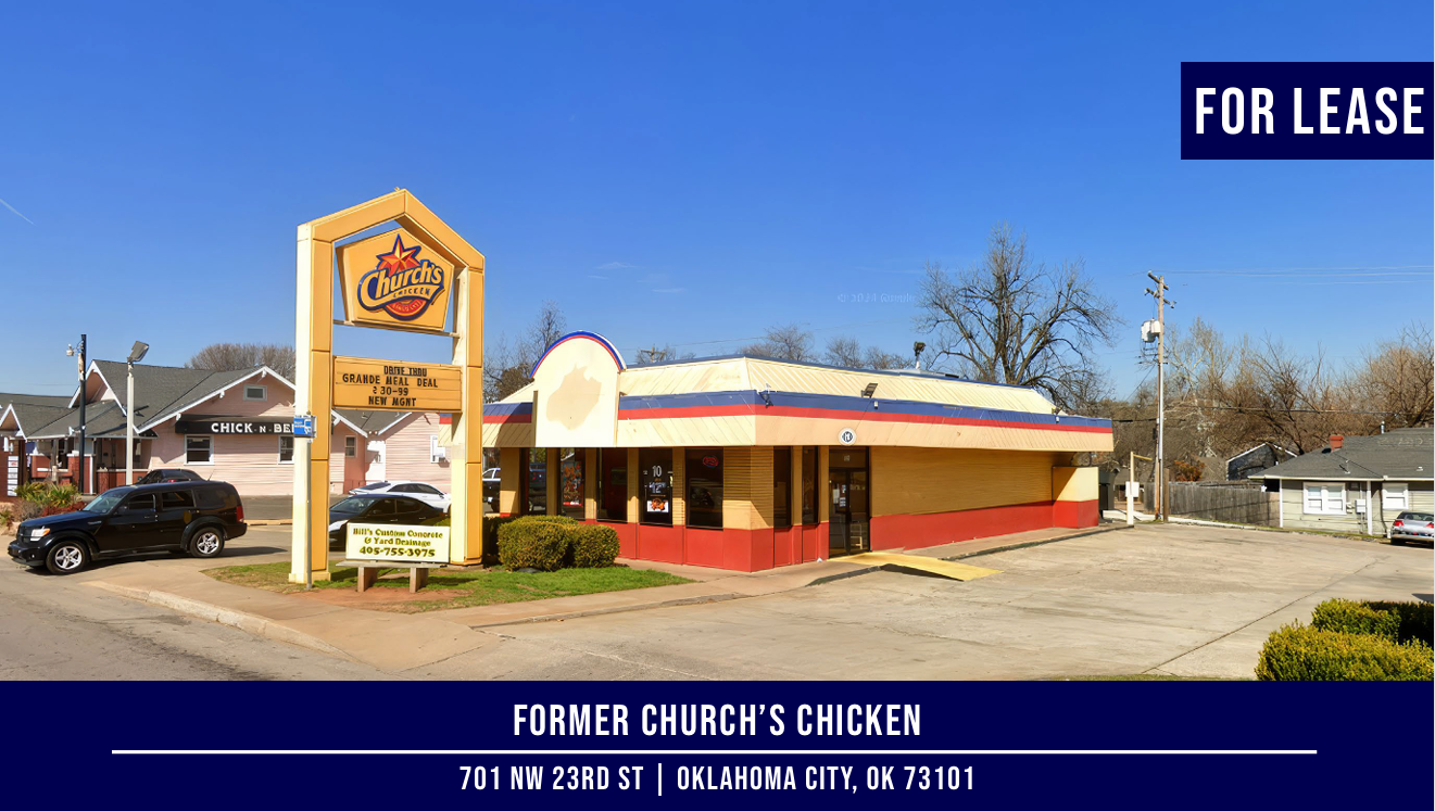 Former Church's Chicken building for lease at 301 N 23rd St, Oklahoma City, OK 73101. Yellow and red exterior.