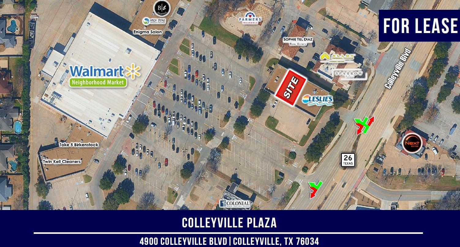 Aerial view: Colleyville Place shopping center with Walmart, retail buildings, parking, and