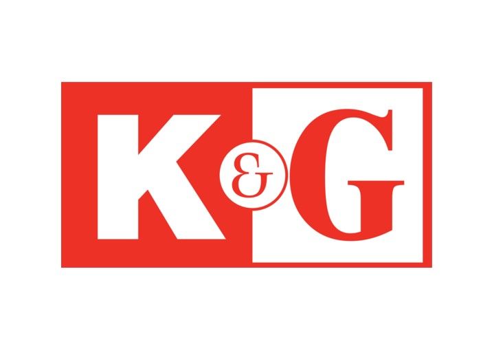Red and white logo for K&G, featuring letters