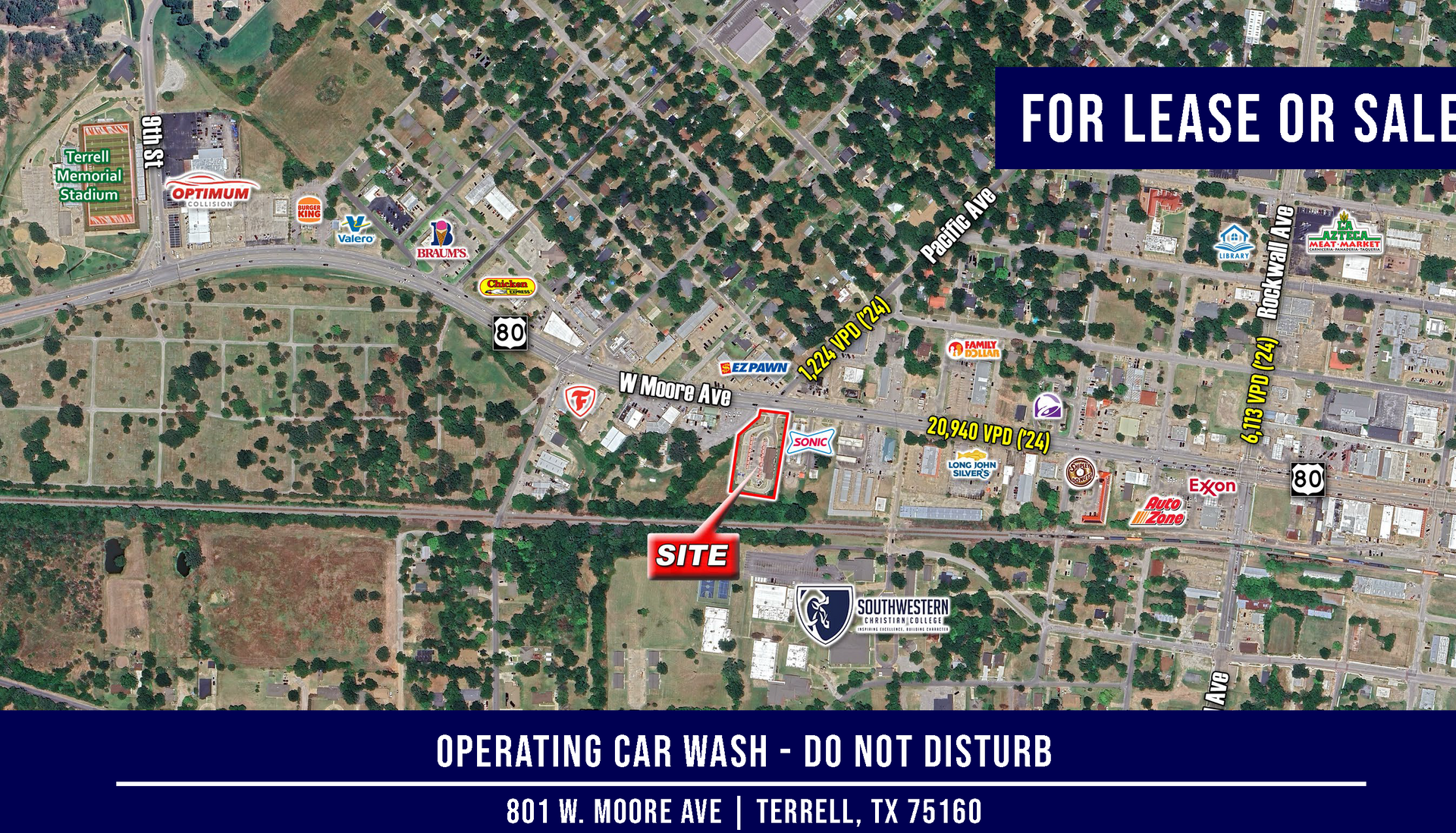 Aerial view showing a car wash for sale or lease, labeled