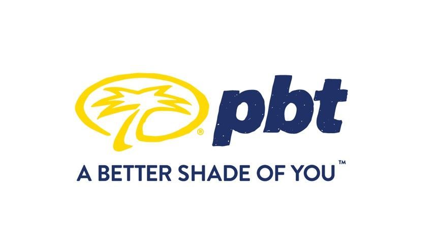 Logo for PBT with a palm tree inside a yellow oval,
