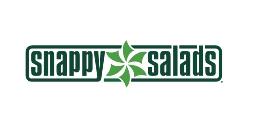Snappy Salads logo with green text in a green box. Center has a six-petal green flower.