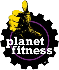 Planet Fitness logo: yellow thumbs-up over purple ring and black gear; white text