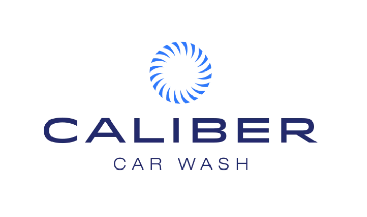 Logo for Caliber Car Wash: blue text with swirling blue design above.