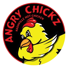 Angry Chickz logo: Yellow cartoon chicken with a red comb and wattle, black background, red text.