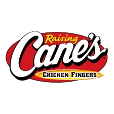 Raising Cane's logo with a red oval background and white script text. Includes the words: "Raising Cane's Chicken Fingers."