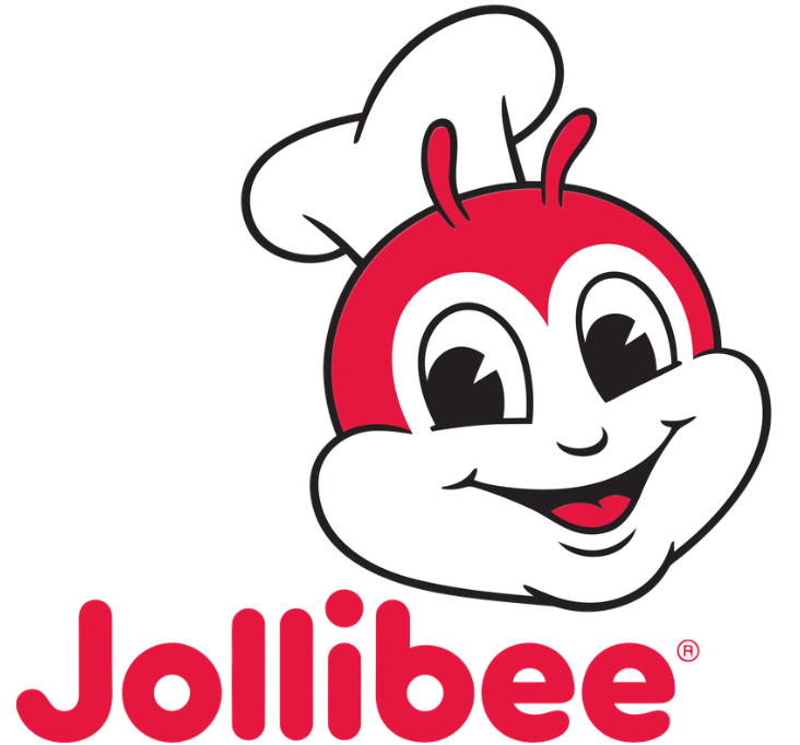 Jollibee logo: smiling red bee-like mascot wearing a chef's hat, red text below.