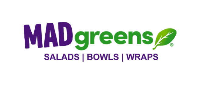 MAD greens logo with purple text and a green leaf; SALADS | BOWLS | WRAPS below.